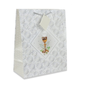 TOREBKA PREZENTOWA KOMUNIA KWIATY KIELICH BIAŁA 23x18cm