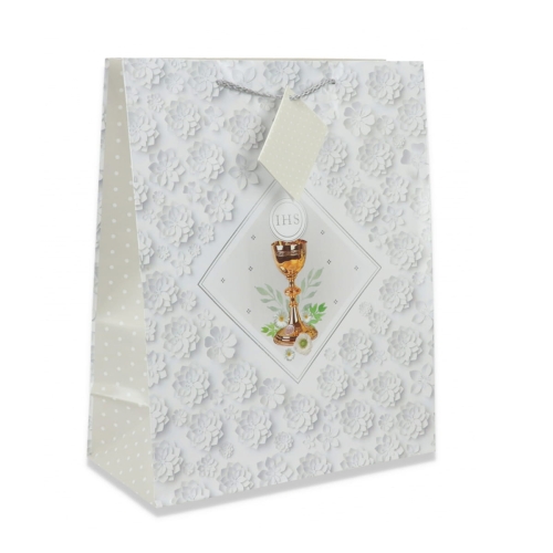 TOREBKA PREZENTOWA KOMUNIA KWIATY KIELICH BIAŁA 23x18cm