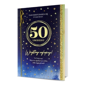 KARTKA 50 URODZINY GWIAZDKI ZŁOTO-GRANATOWA 19x13cm