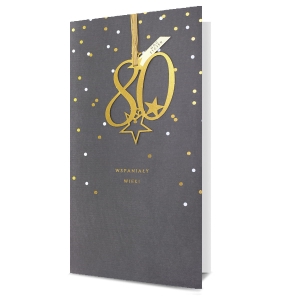 KARTKA 80 URODZINY GROSZKI SZARA 23x12cm