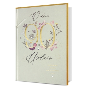 KARTKA 90 URODZINY W DNIU URODZIN KWIATY JASNOZIELONA 19x13cm