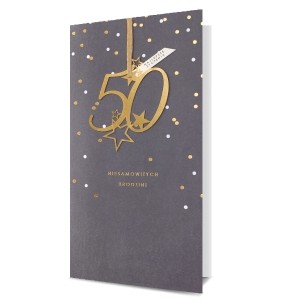 KARTKA 50 URODZINY GROSZKI SZARA 23x12cm