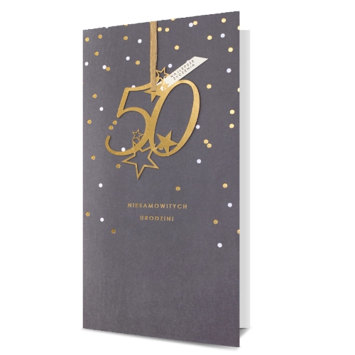 KARTKA 50 URODZINY GROSZKI SZARA 23x12cm