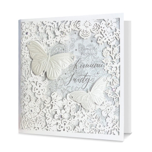 KARTKA KOMUNIA PAMIĄTKA I KOMUNII MOTYL KWIATY BIAŁA 18x19cm