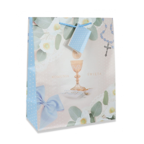 TOREBKA PREZENTOWA KOMUNIA KWIATY KIELICH BŁĘKITNA 23x18cm