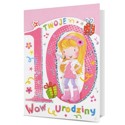 KARTKA 10 URODZINY PIN DZIEWCZYNKA BIAŁO-RÓŻOWA 19x13cm