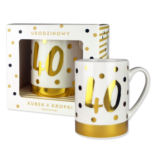 KUBEK 40 URODZINY GROSZKI BIAŁO-ZŁOTY 330ml