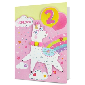 KARTKA 2 URODZINY PIN LAMA TĘCZA RÓŻOWA 19x13cm