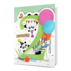KARTKA 2 URODZINY PIN PANDA RUCHOME OCZY BIAŁA 19x13cm