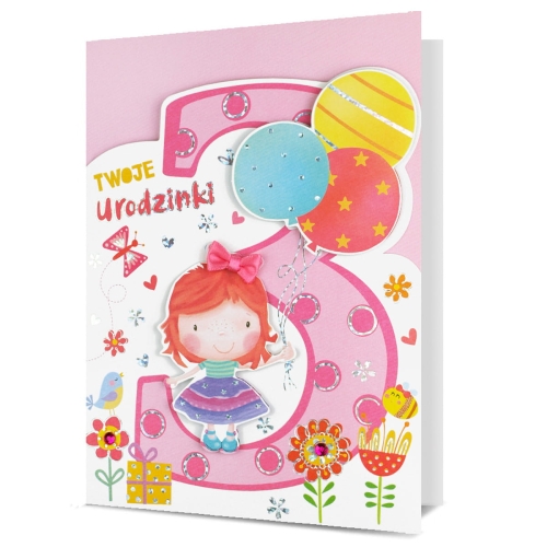KARTKA 3 URODZINY PIN DZIEWCZYNKA Z BALONIKAMI RÓŻOWA 19x13cm