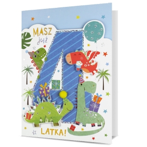 KARTKA 4 URODZINY PIN DINOZAURY BIAŁO-BŁĘKITNA 19x13cm
