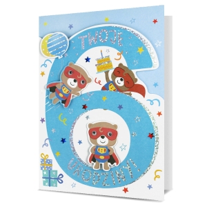 KARTKA 6 URODZINY PIN SUPER MIŚ BŁĘKITNA 19x13cm