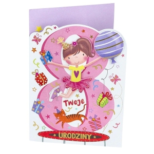 KARTKA 8 URODZINY PIN DZIEWCZYNKA KOT BIAŁO-RÓŻOWA 19x13cm