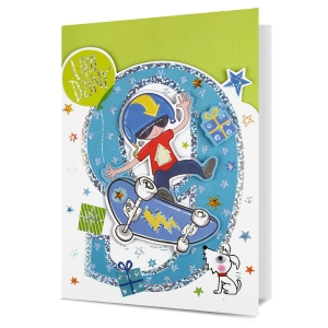 KARTKA 9 URODZINY PIN DESKOROLKA BIAŁO-ZIELONA 19x13cm