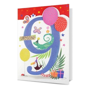 KARTKA 9 URODZINY PIN TUKAN LISTKI BALONY BIAŁA 19x13cm