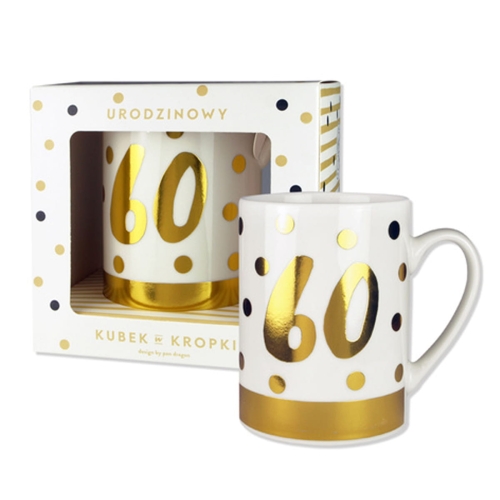 KUBEK 60 URODZINY GROSZKI BIAŁO-ZŁOTY 330ml