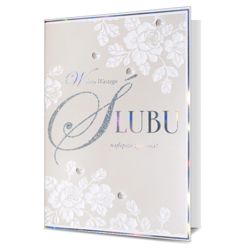 KARTKA ŚLUBNA W DNIU ŚLUBU RÓŻE KORALIKI BEŻOWA 19x13cm