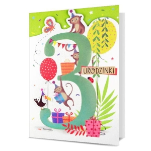 KARTKA 3 URODZINY MAŁPKI TUKAN BIAŁA 19x13cm