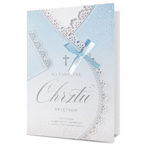 KARTKA CHRZEST ŚWIĘTY PAMIĄTKA CHRZTU FALBANKA BŁĘKITNA 19x13cm