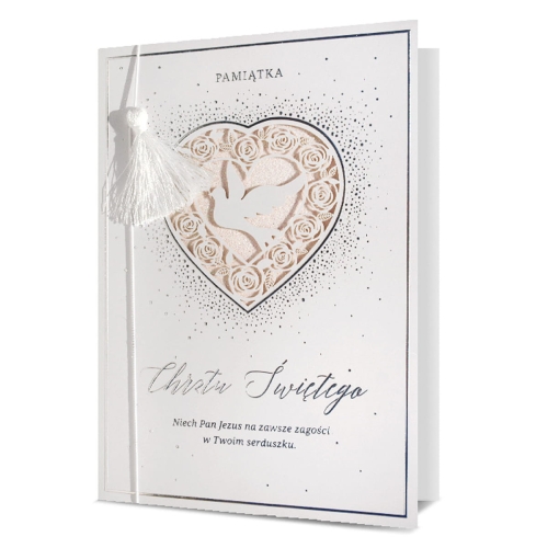 KARTKA CHRZEST ŚWIĘTY SERCE GOŁĄB FRĘDZELEK BIAŁA 19x13cm