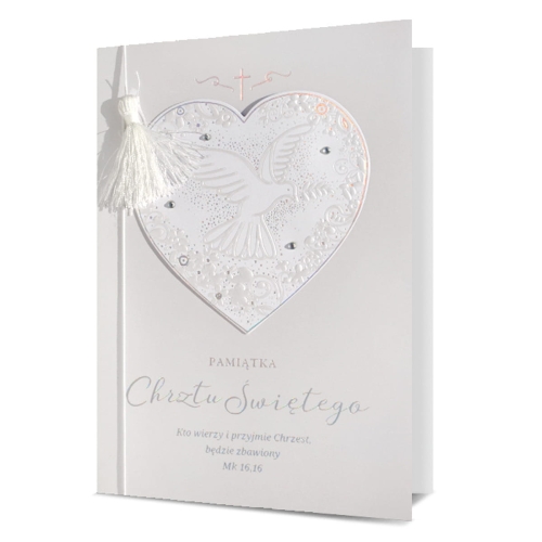 KARTKA CHRZEST ŚWIĘTY SERCE FRĘDZELEK BIAŁA 19x13cm
