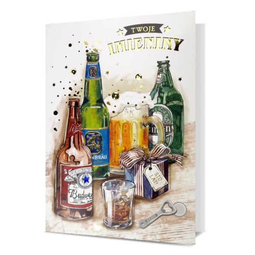 KARTKA IMIENINY BUTELKI PIWA BEŻOWA 19x13cm