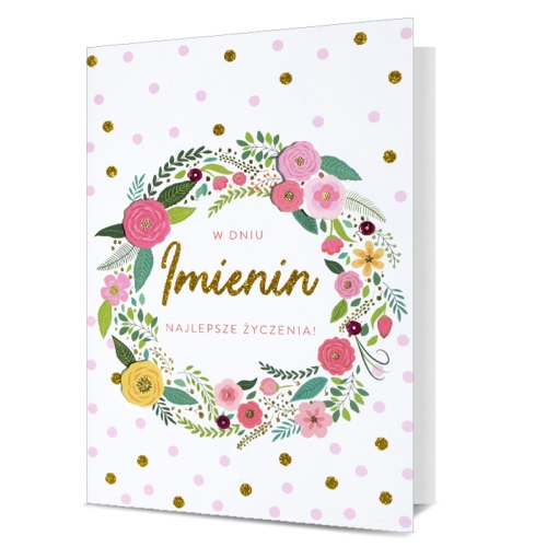 KARTKA IMIENINY W DNIU IMIENIN WIENIEC KWIETNY GROSZKI BIAŁA 19x13cm