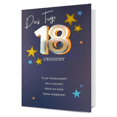 KARTKA 18 URODZINY PIN GWIAZDKI GRANATOWA 19x13cm