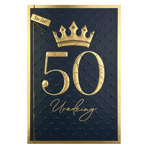 KARTKA 50 URODZINY KORONA GRANATOWO-ZŁOTA 19x13cm