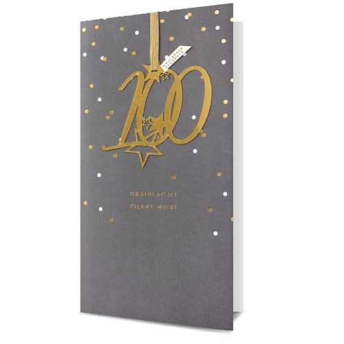 KARTKA 100 URODZINY GROSZKI SZARA 23x12cm