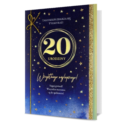 KARTKA 20 URODZINY GWIAZDKI ZŁOTO-GRANATOWA 19x13cm