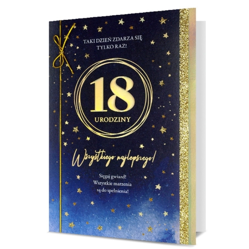 KARTKA 18 URODZINY GWIAZDKI ZŁOTO-GRANATOWA 19x13cm