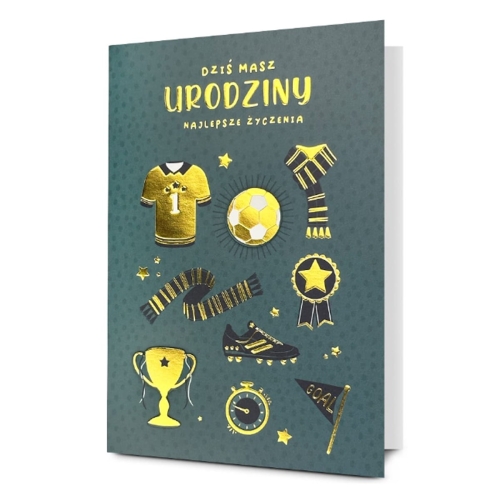 KARTKA URODZINOWA ATRYBUTY PIŁKARZA ZIELONA 19x13cm