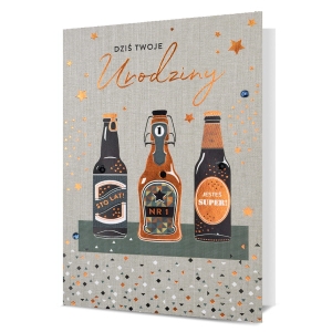 KARTKA URODZINOWA TRZY BUTELKI PIWA SZARA 19x13cm