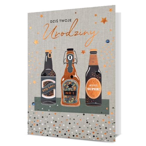 KARTKA URODZINOWA TRZY BUTELKI PIWA SZARA 19x13cm