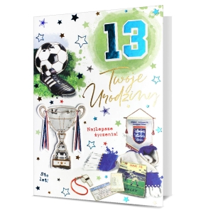 KARTKA URODZINOWA PIN PUCHAR SZALIK KORKI 19x13cm