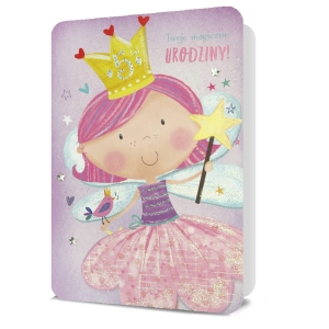 KARTKA URODZINOWA WRÓŻKA BROKAT NAKLEJKI FIOLETOWA 19x13cm