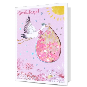 KARTKA NARODZINY GRATULACJE BOCIAN KONFETTI RÓŻOWA 17x12cm