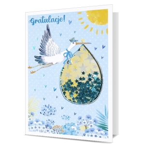 KARTKA NARODZINY GRATULACJE BOCIAN KONFETTI BŁĘKITNA 17x12cm
