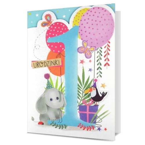 KARTKA ROCZEK SŁONIK BALONY RUCHOME OCZY BIAŁA 19x13cm