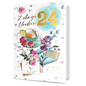 KARTKA URODZINOWA PIN HERBATA KWIATY LISTY NAKLEJKI 19x13cm