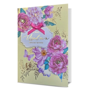 KARTKA URODZINOWA PIN KWIATY WSTĄŻKA ŻÓŁTA 19x13cm