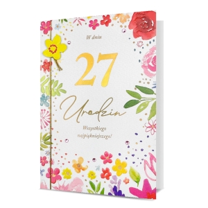 KARTKA URODZINOWA KWIATY NAKLEJKI BIAŁA 19x13cm