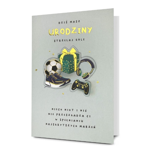 KARTKA URODZINOWA STRZELAJ GOLE PISTACJOWA 19x13cm