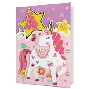 KARTKA 4 URODZINY PIN JEDNOROŻEC RÓŻOWA 19x13cm