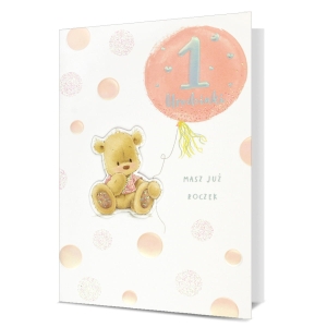 KARTKA ROCZEK MIŚ BALON GROSZKI BIAŁO-BRZOSKWINIOWA 19x13cm