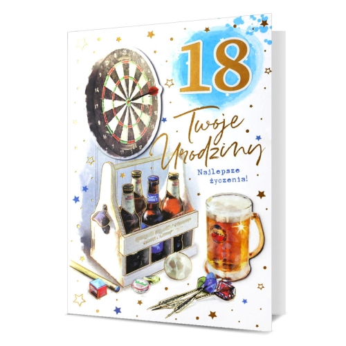 KARTKA URODZINOWA TARCZA PIWO NAKLEJKI BIAŁA 19x13cm