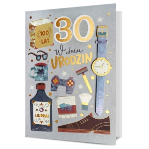 KARTKA URODZINOWA BUTELKA ZEGAREK BUT NAKLEJKI SZARA 19x13cm