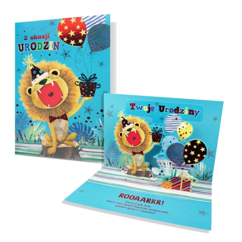 KARTKA URODZINOWA LEW Z BALONIKAMI BŁĘKITNA 17x12cm