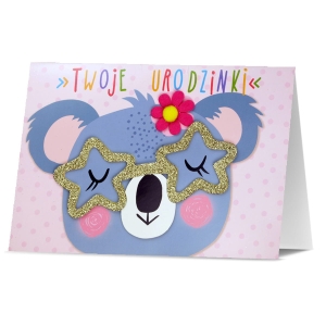 KARTKA URODZINOWA PIN KOALA W OKULARACH RÓŻOWA 19x13cm
